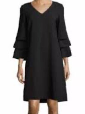 Lafayette 148 New York Black V-Neck Tiered Ruffle Sleeve Dress